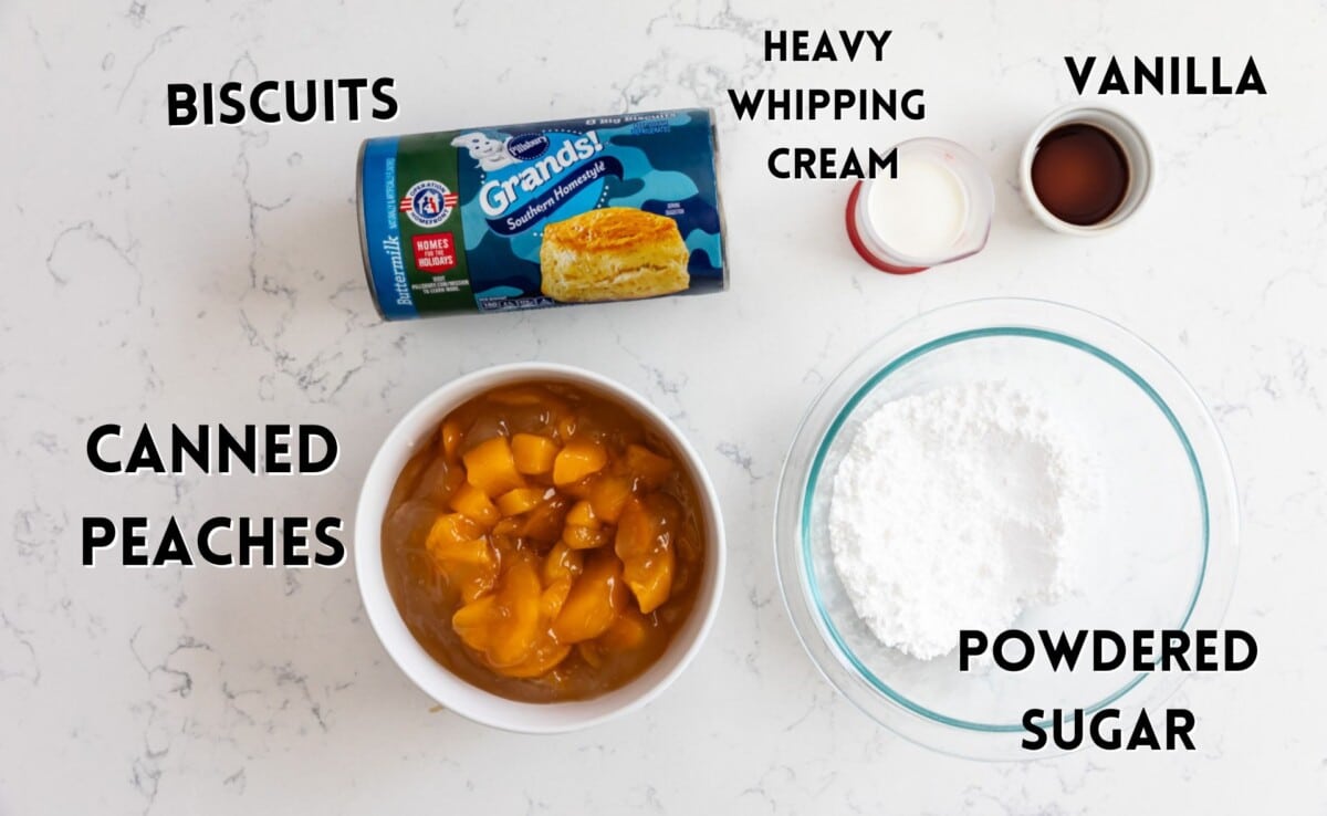 ingredients in peach danish laid out on a white marble counter.