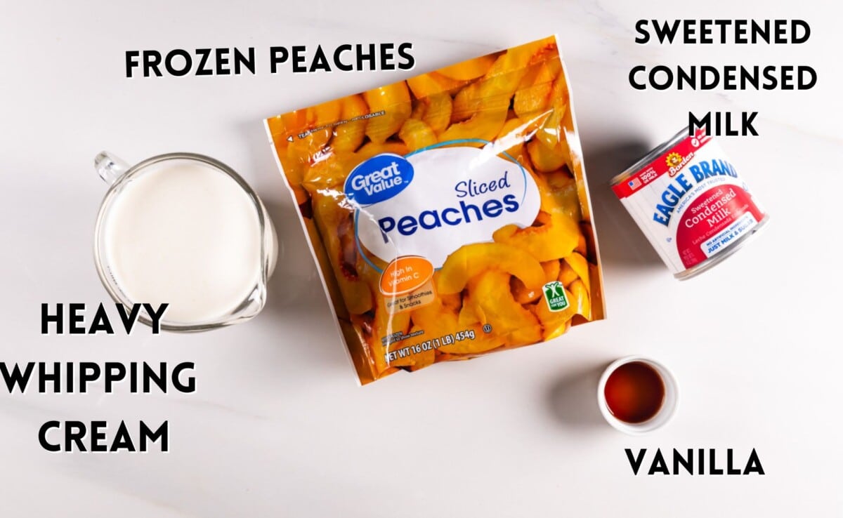 ingredients in peach ice cream laid out on a white counter.