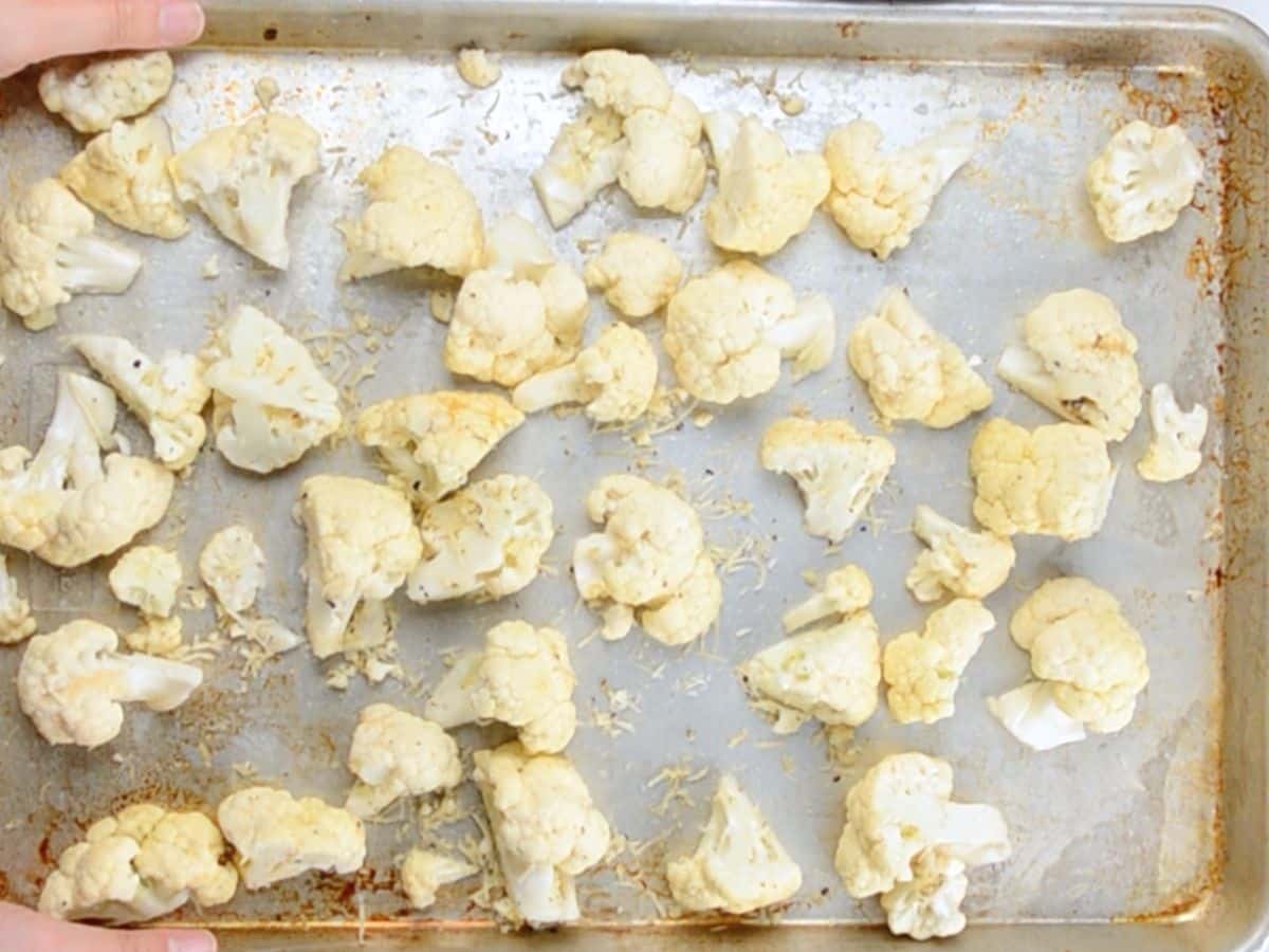 process shot of roasted cauliflower being made.