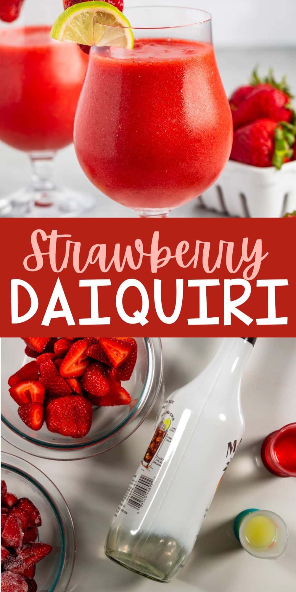 two photos of strawberry daiquiri in a stout clear glass with lemon and strawberries around and on the rim.