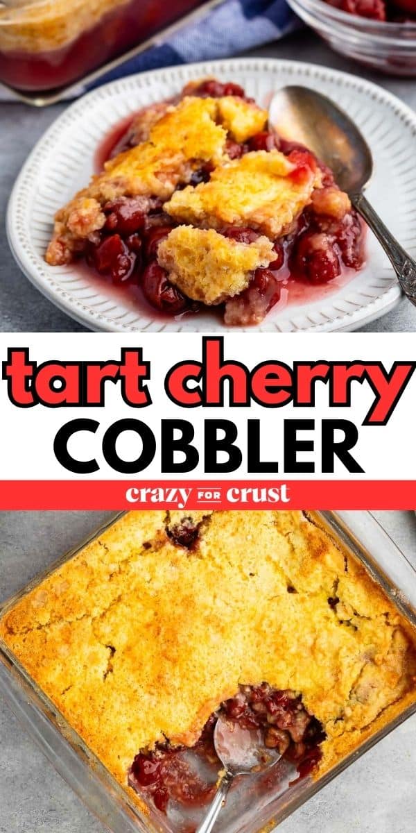 two photos of tart cherry cobbler in a dish with a silver spoon.