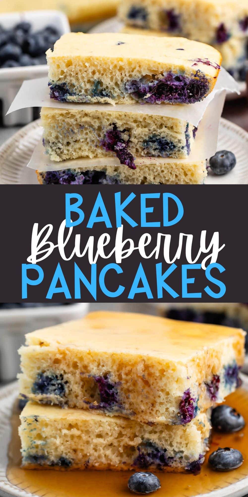 two photos of stacked square pancakes with blueberries baked in on a white plate with words on the image.