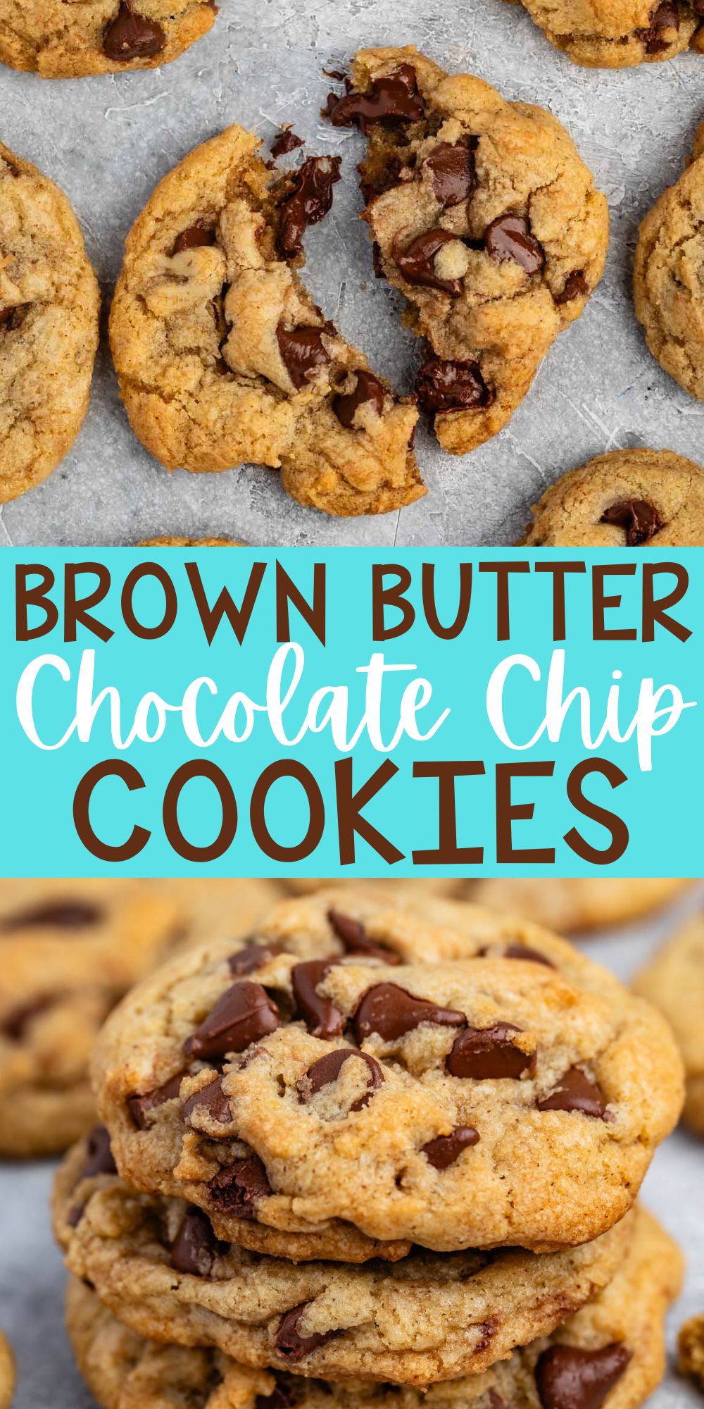two photos of chocolate chip cookies with chocolate chips baked into the center with words on the image.