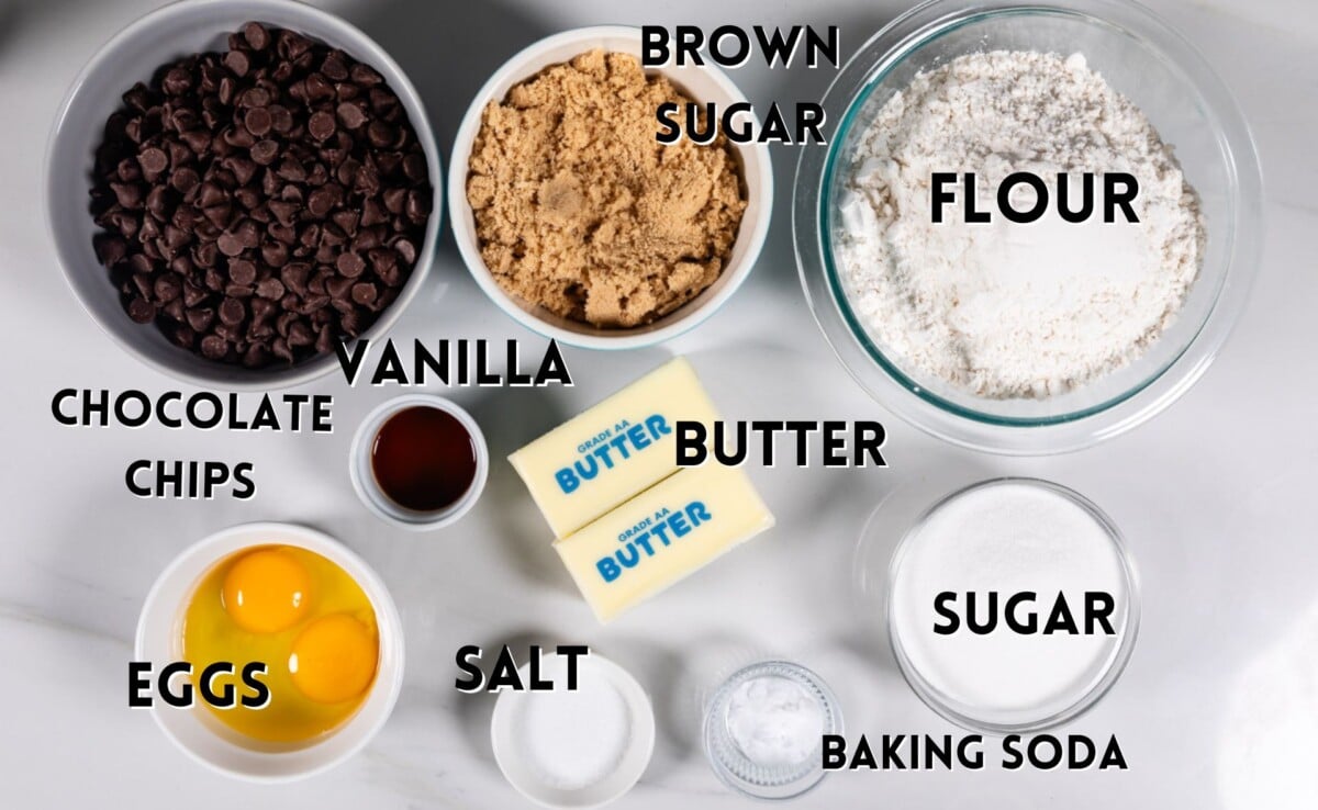 ingredients in brown butter cookies laid out on a white counter.