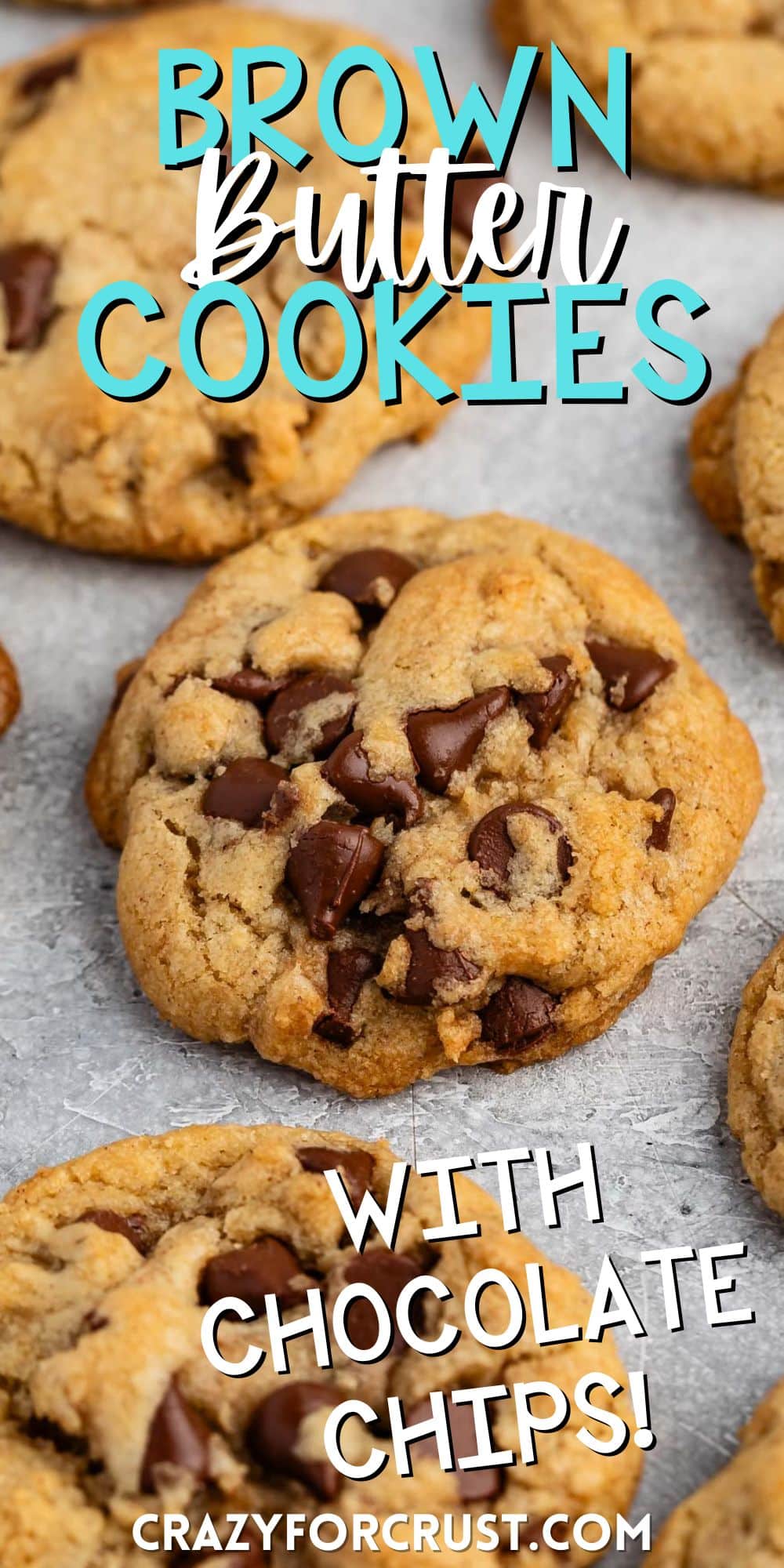 chocolate chip cookies with chocolate chips baked into the center with words on the image.