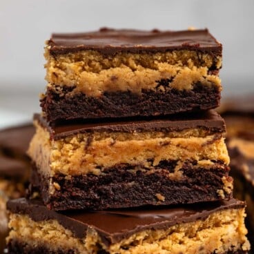 stacked chocolate brownies with peanut butter.