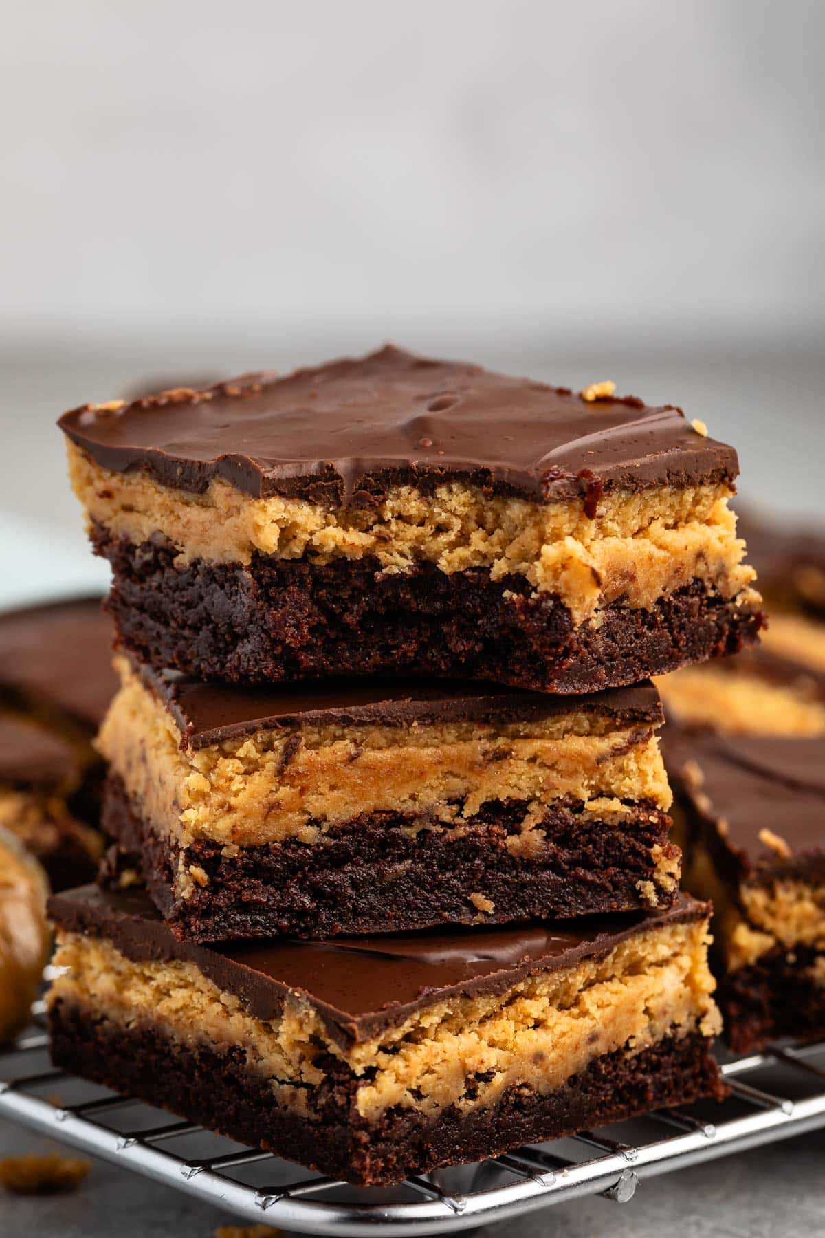 stacked chocolate brownies with peanut butter.