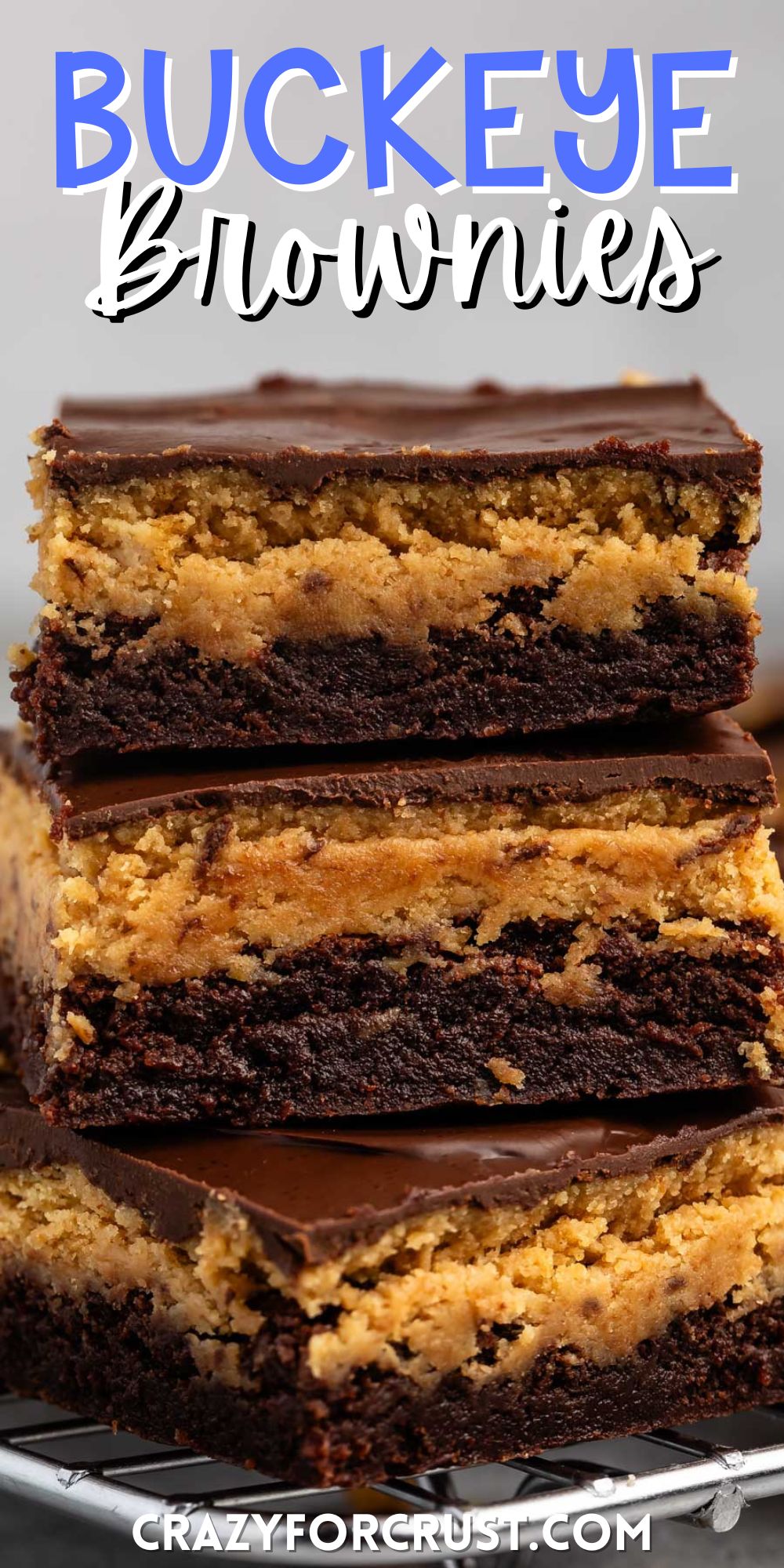 stacked chocolate brownies with peanut butter with words on the image.