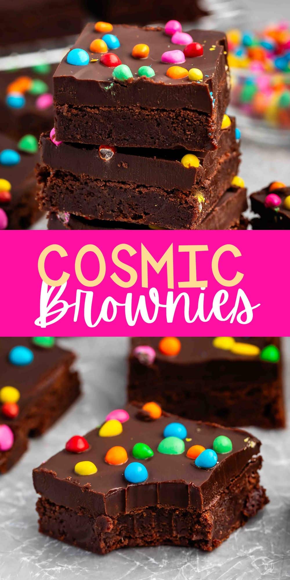 two photos of stacked chocolate brownies with colorful chocolate candy baked in with words on the image.