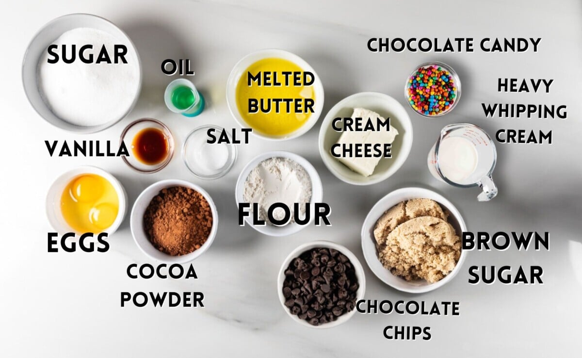 ingredients in cosmo brownies laid out on a white marble counter.