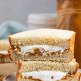 stacked sandwich halves with peanut butter and marshmallow fluff on the inside.