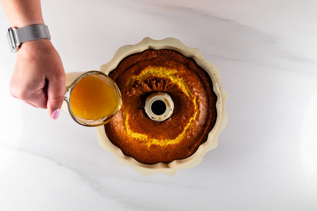 process shot of lemon bundt cake being made.