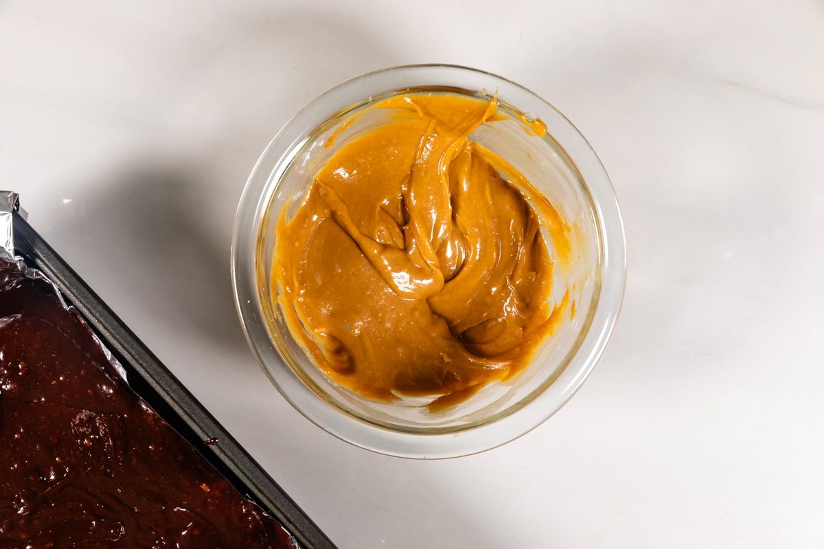 process shot of peanut butter brownies being made.