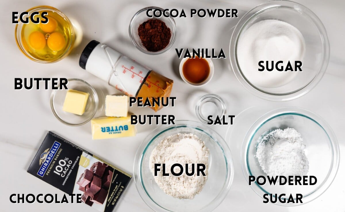 ingredients in peanut butter brownies laid out on a white marble counter.