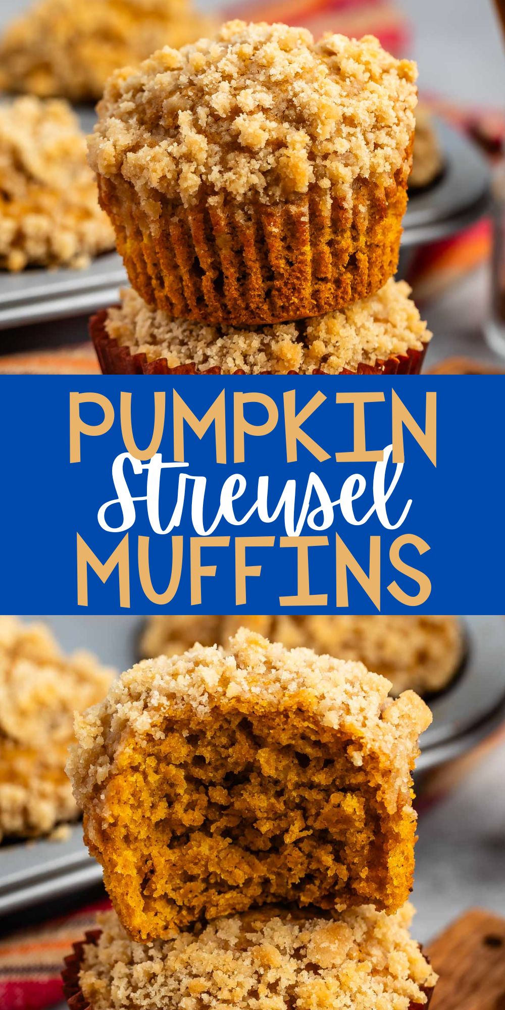 two photos of stacked muffins with streusel crumble topping with words on the image.