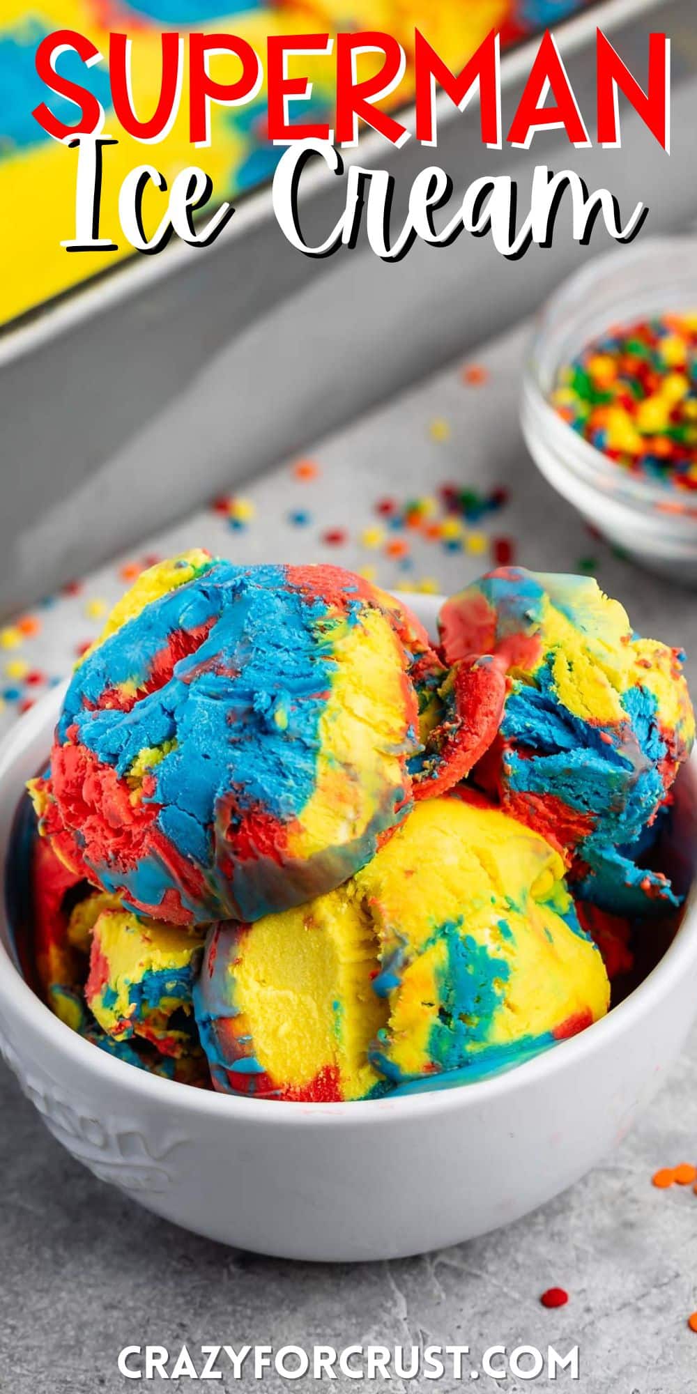 many scoops of red and yellow and blue ice cream mixed in a white bowl with words on the image.