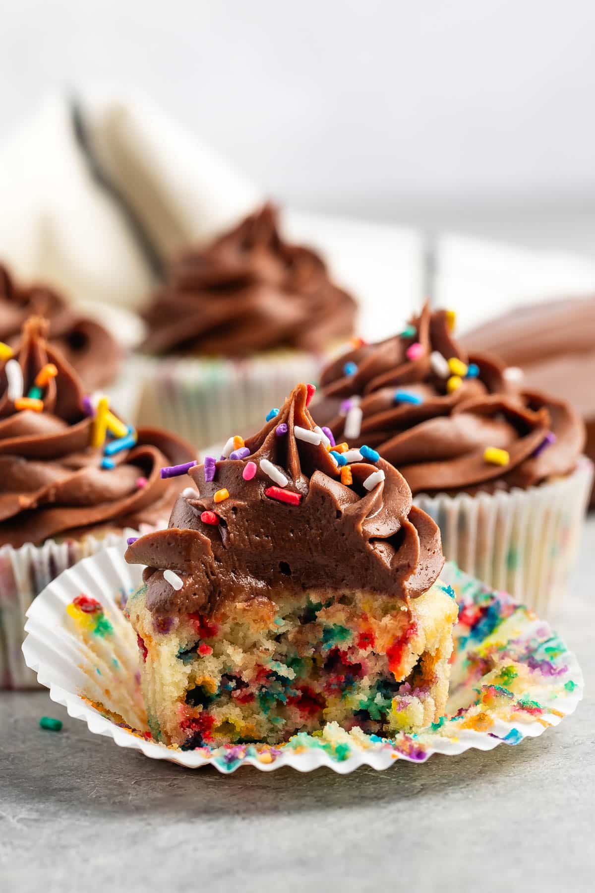 vanilla cupcake with sprinkles baked in an chocolate frosting on top.