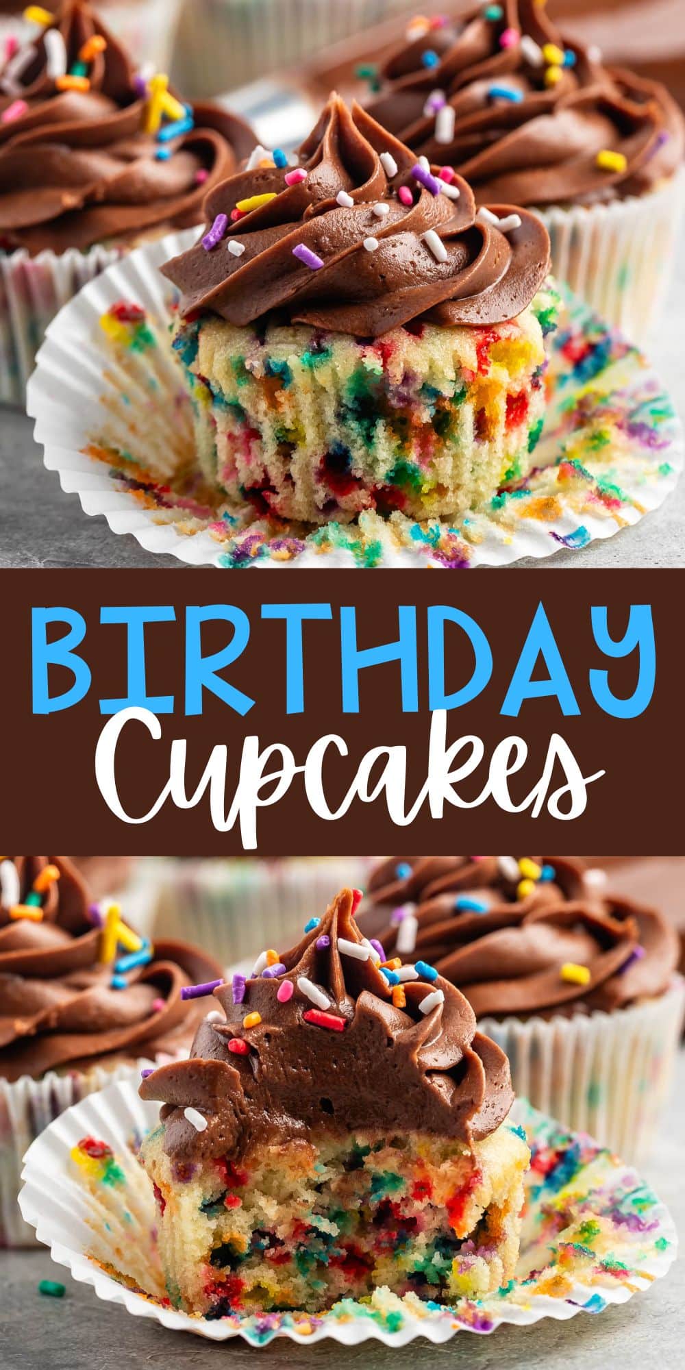 two photos of vanilla cupcake with sprinkles baked in an chocolate frosting on top with words on the image.