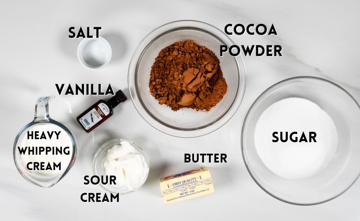 ingredients in chocolate peanut butter cups laid out on a white counter.