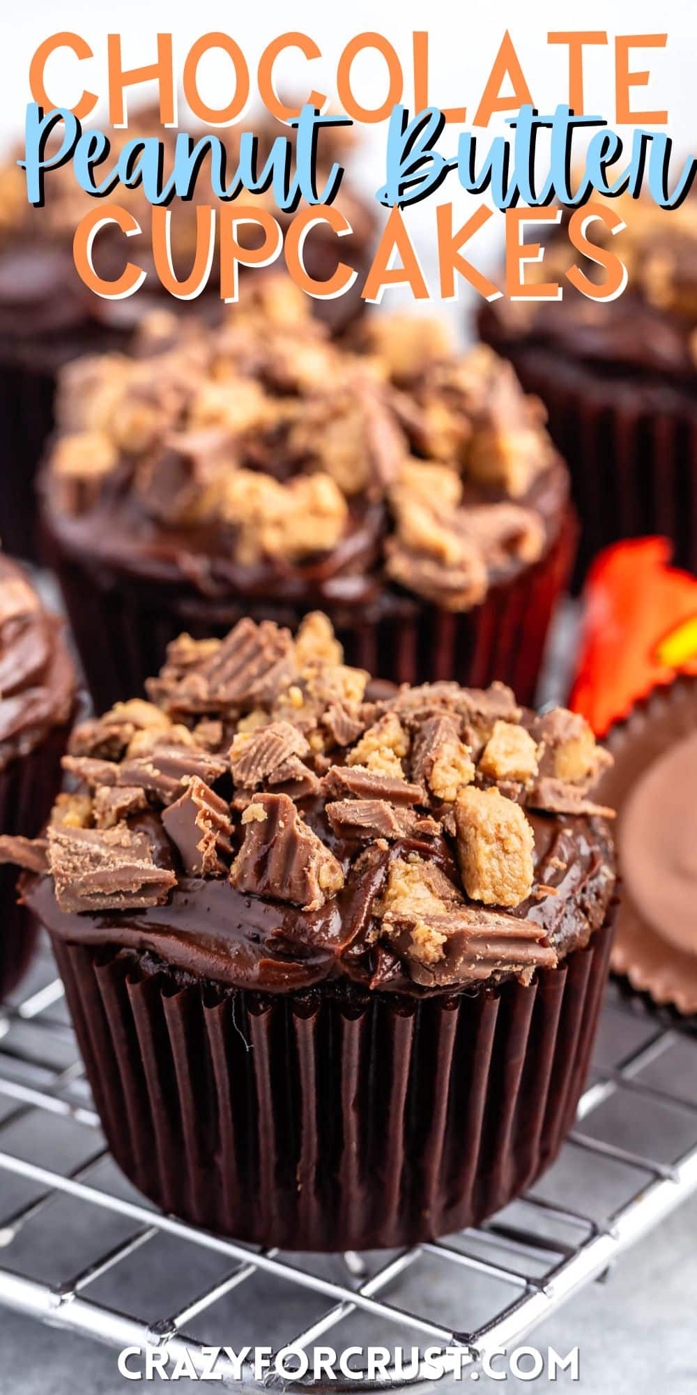 chocolate cupcake with reeses peanut butter cups on top with words on the image.