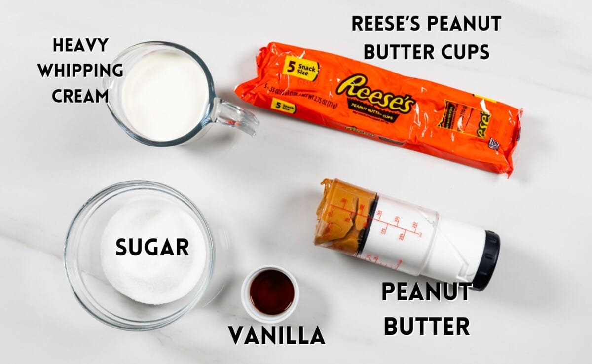 ingredients in chocolate peanut butter cups frosting laid out on a white counter.