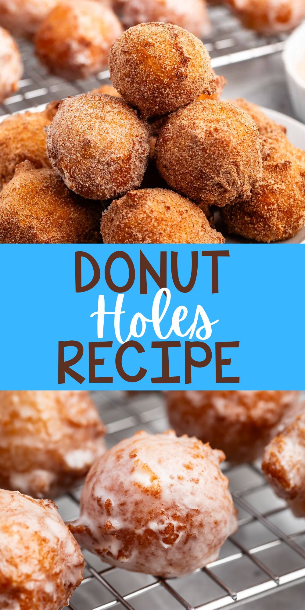 two photos of stacked donut holes on a grey plate with words on the image.