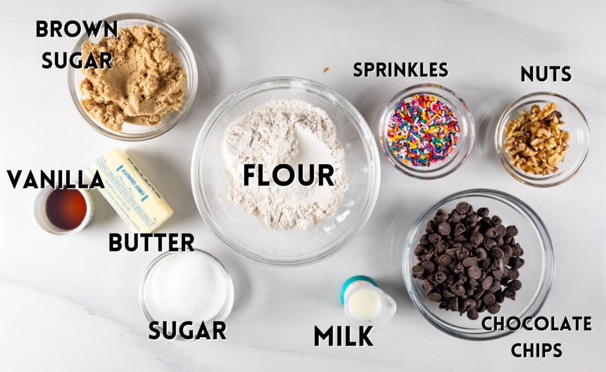 ingredients in edible cookie dough laid out on a white counter.