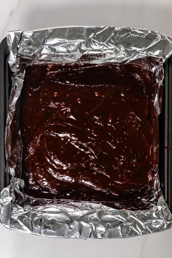 process shot of peanut butter brownies being made.