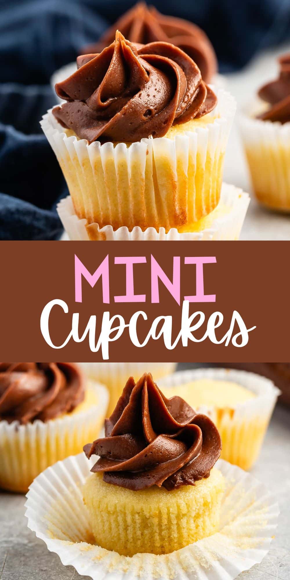 two photos of stacked mini vanilla cupcakes with chocolate frosting with words on the image.