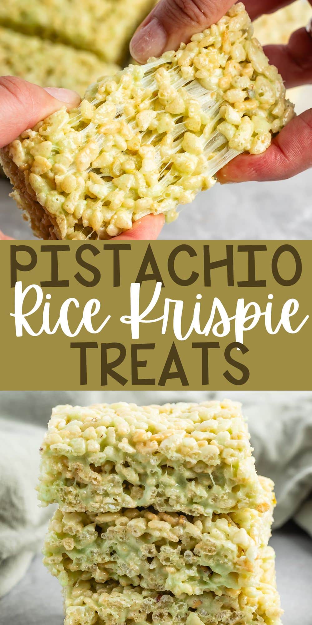 two photos of stacked green Rice Krispie treats on a grey table with words on the image.