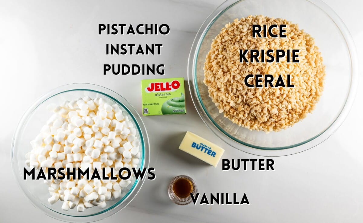 ingredients in pistachio Rice Krispie treats laid out on a white counter.