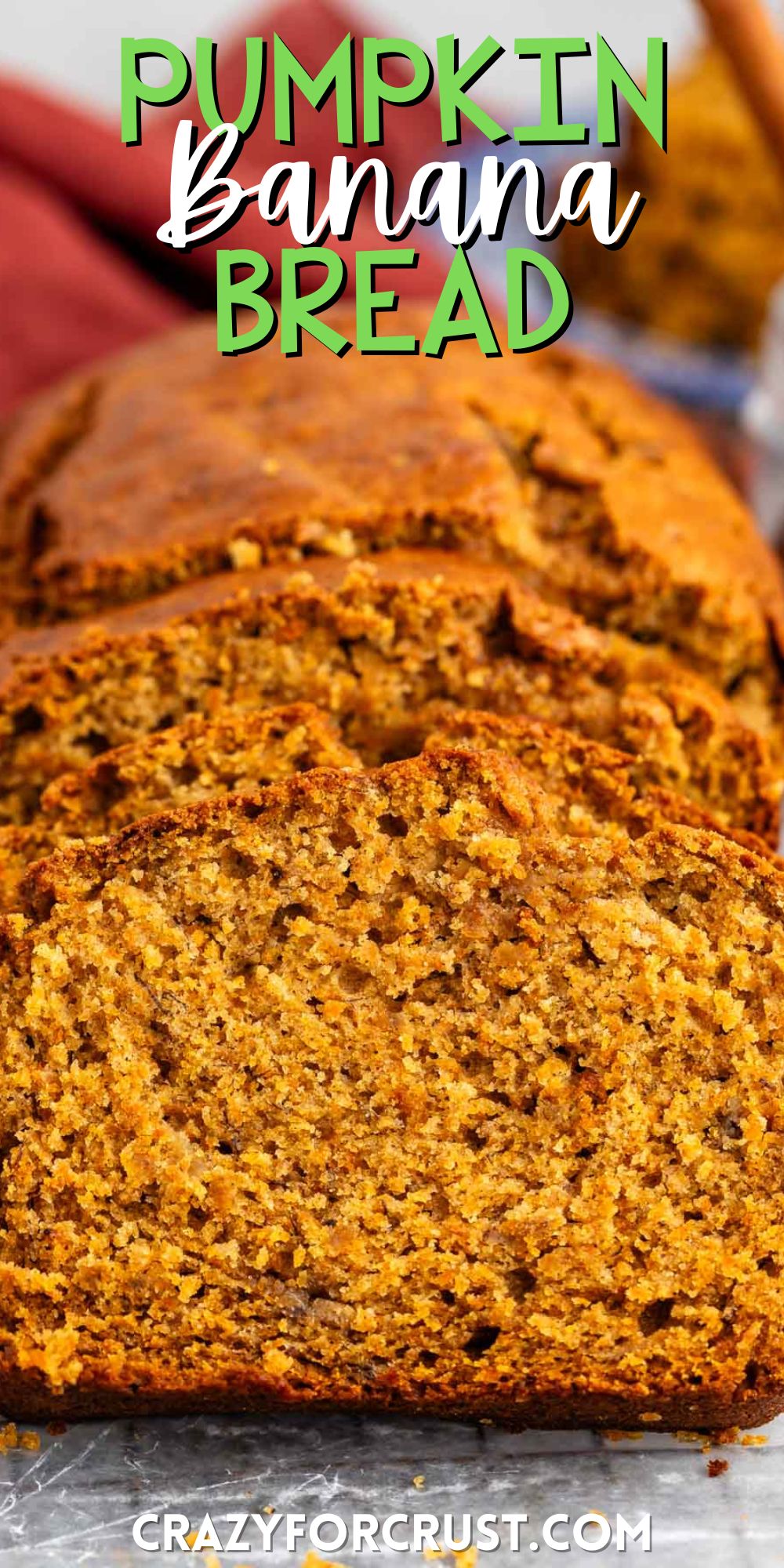 sliced banana bread on a drying rack with words on the image.