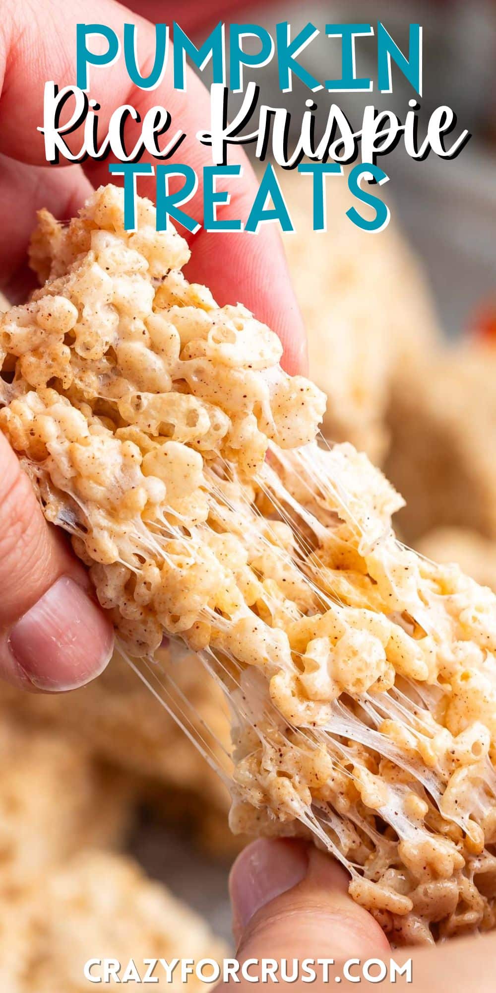 hand pulling apart pumpkin Rice Krispie treat with words on the image.