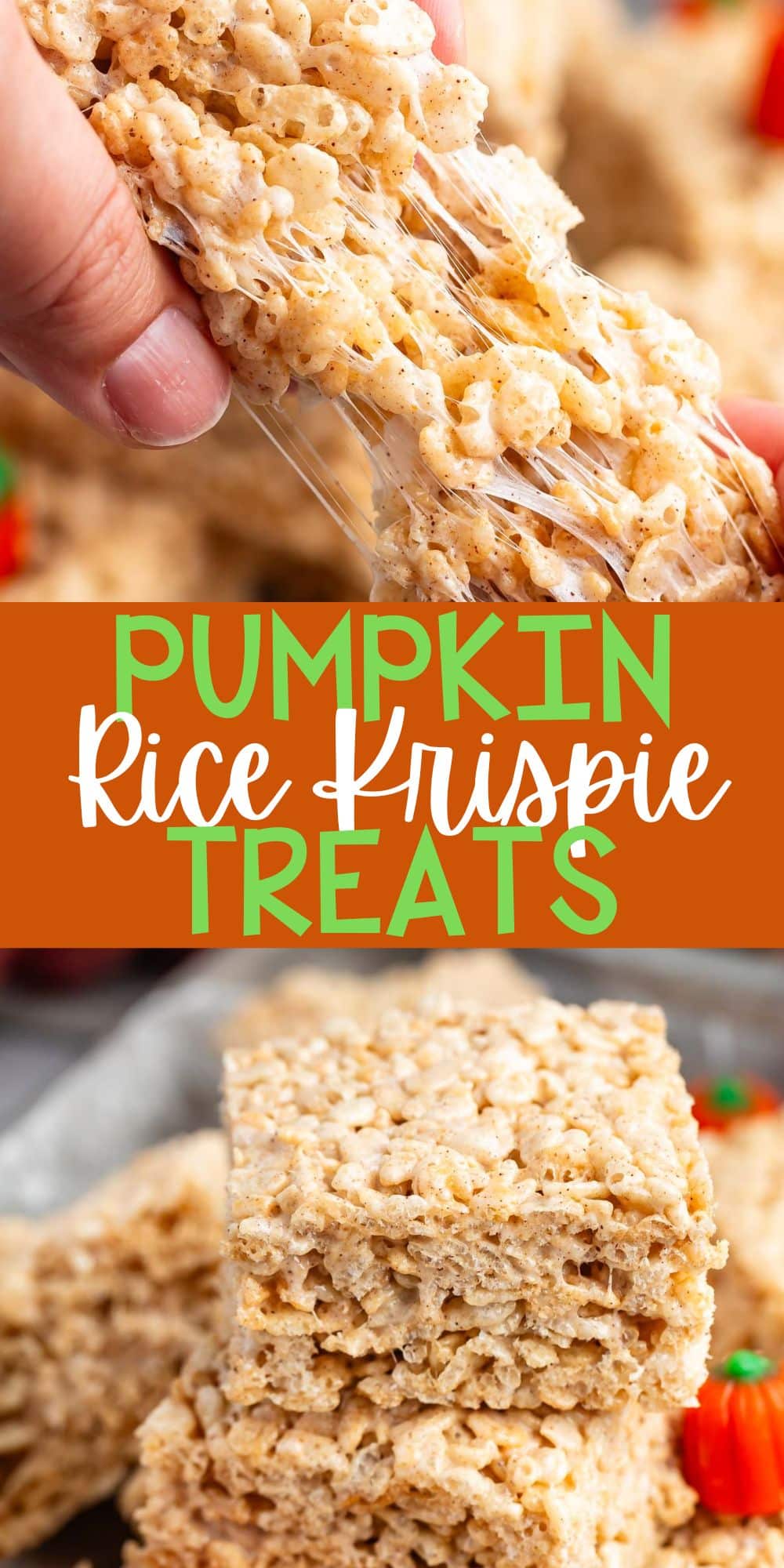 two photos of pumpkin Rice Krispie treats surrounded by pumpkin candy corn with words on the image.