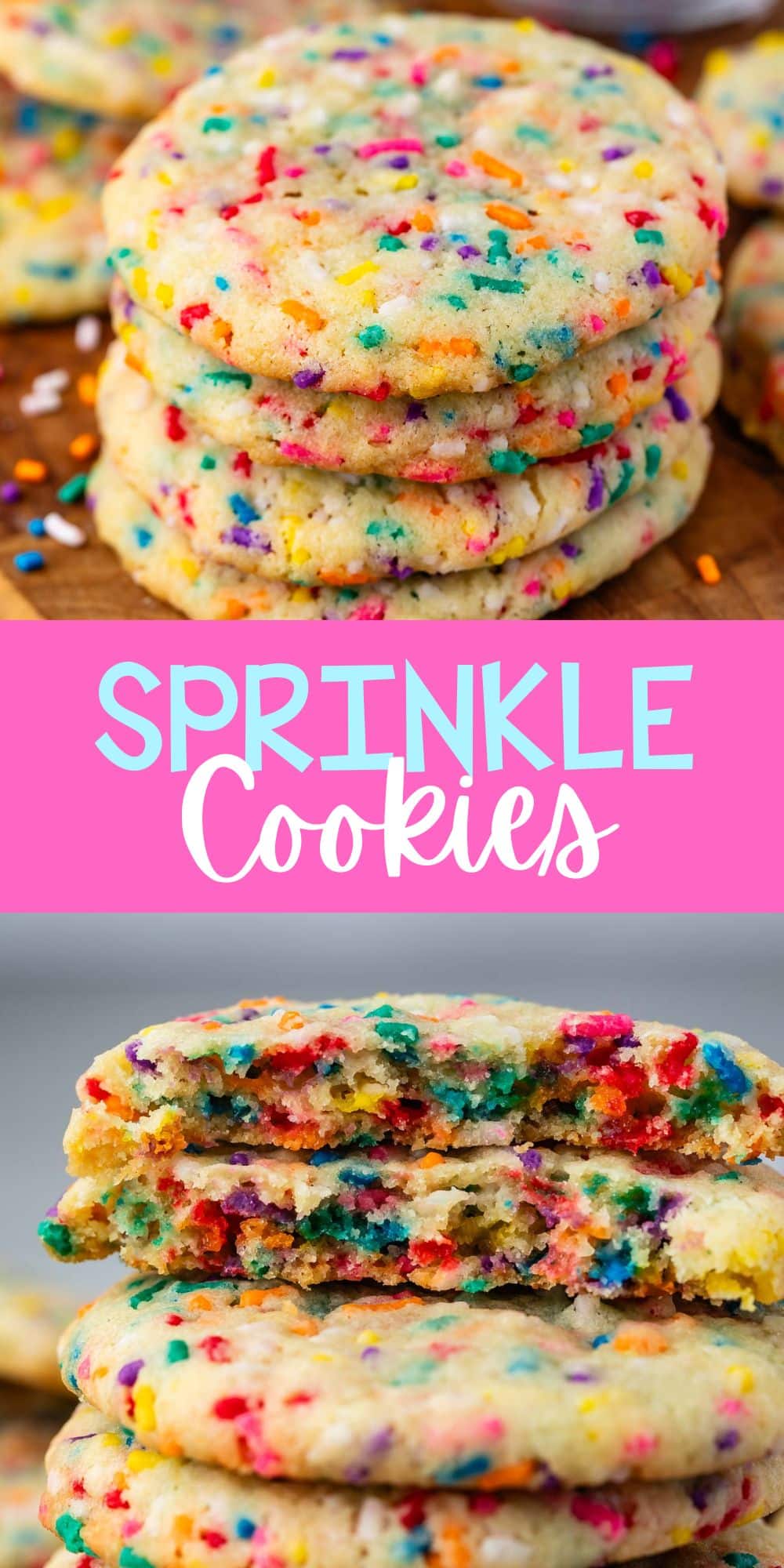 two photos of stacked sugar cookies with colorful sprinkles baked in with words on the image.