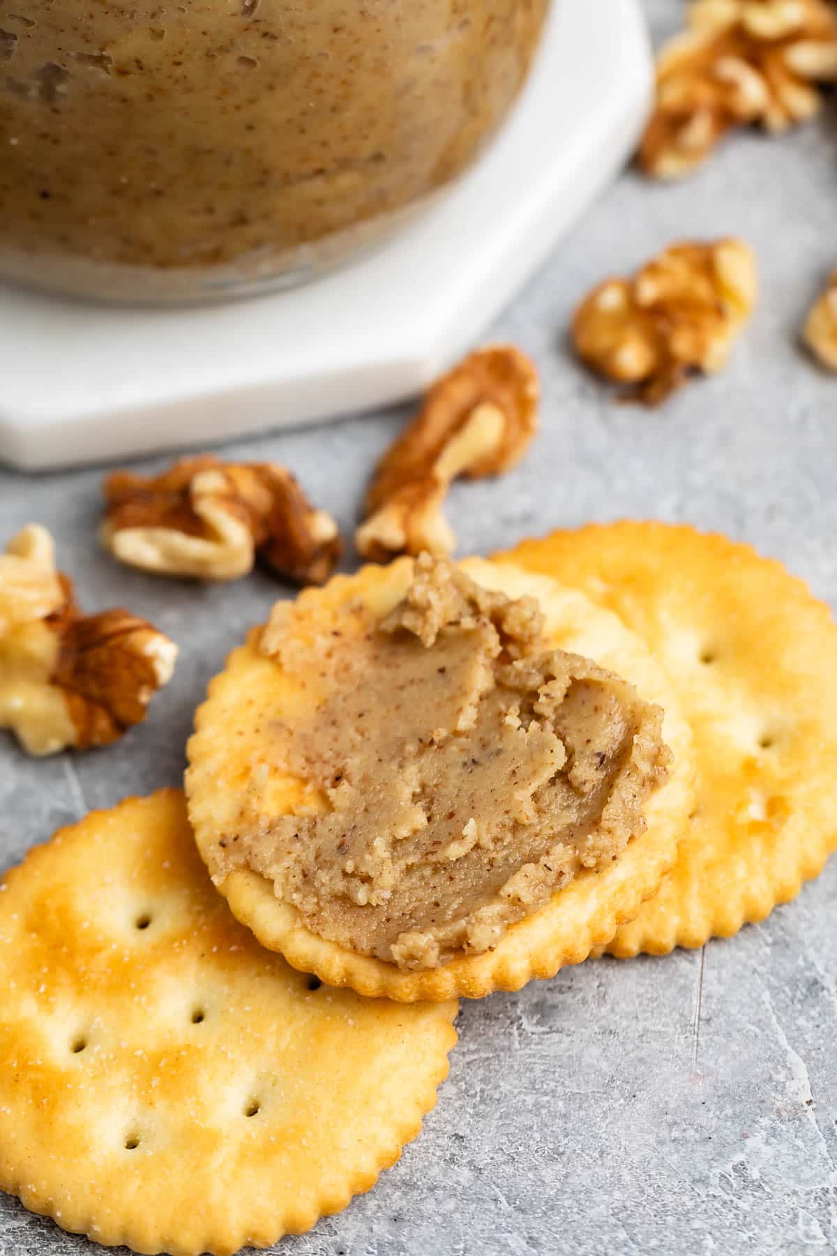 walnut butter spread on a cracker.