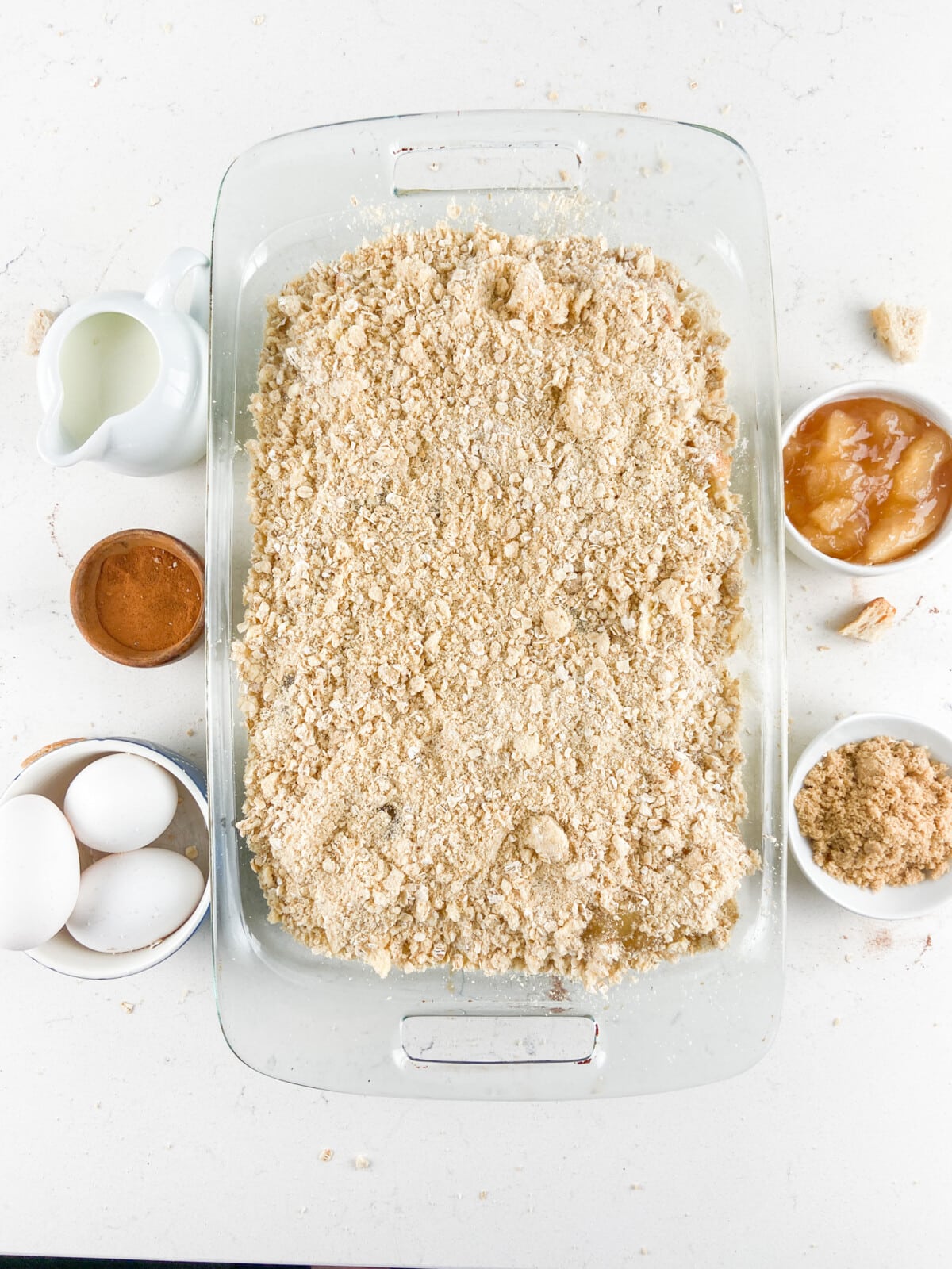 process shot of apple pie French toast casserole being made.