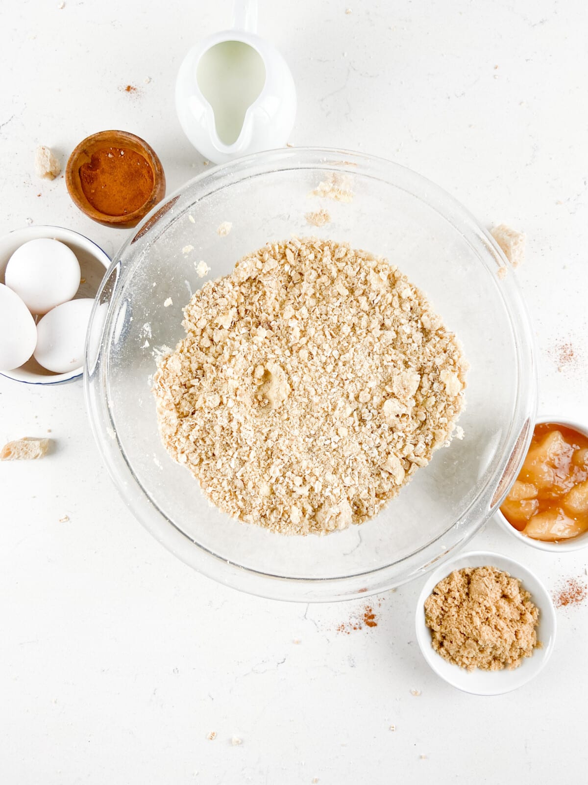 process shot of apple pie French toast casserole being made.