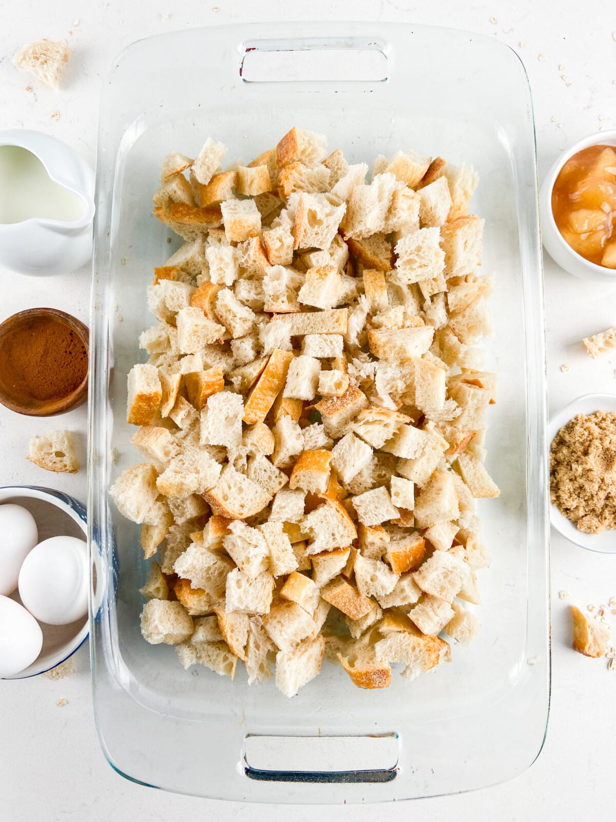 process shot of apple pie French toast casserole being made.