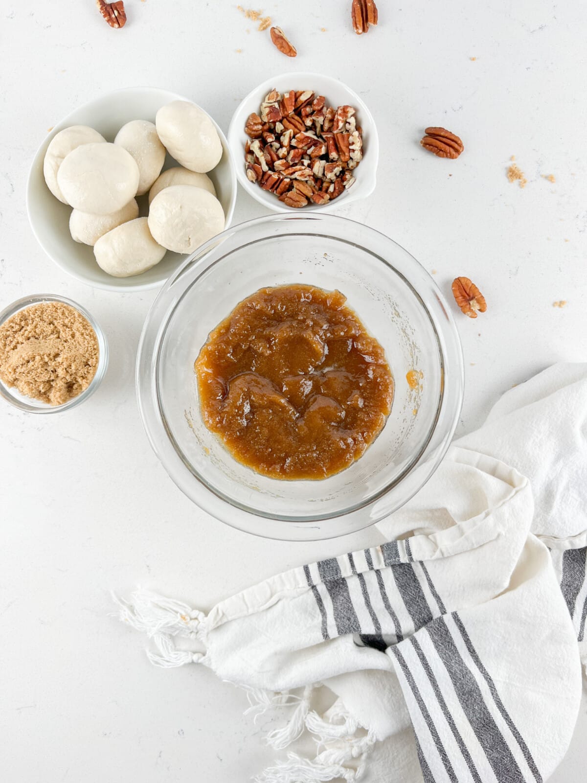 process shot of caramel monkey bread being made.