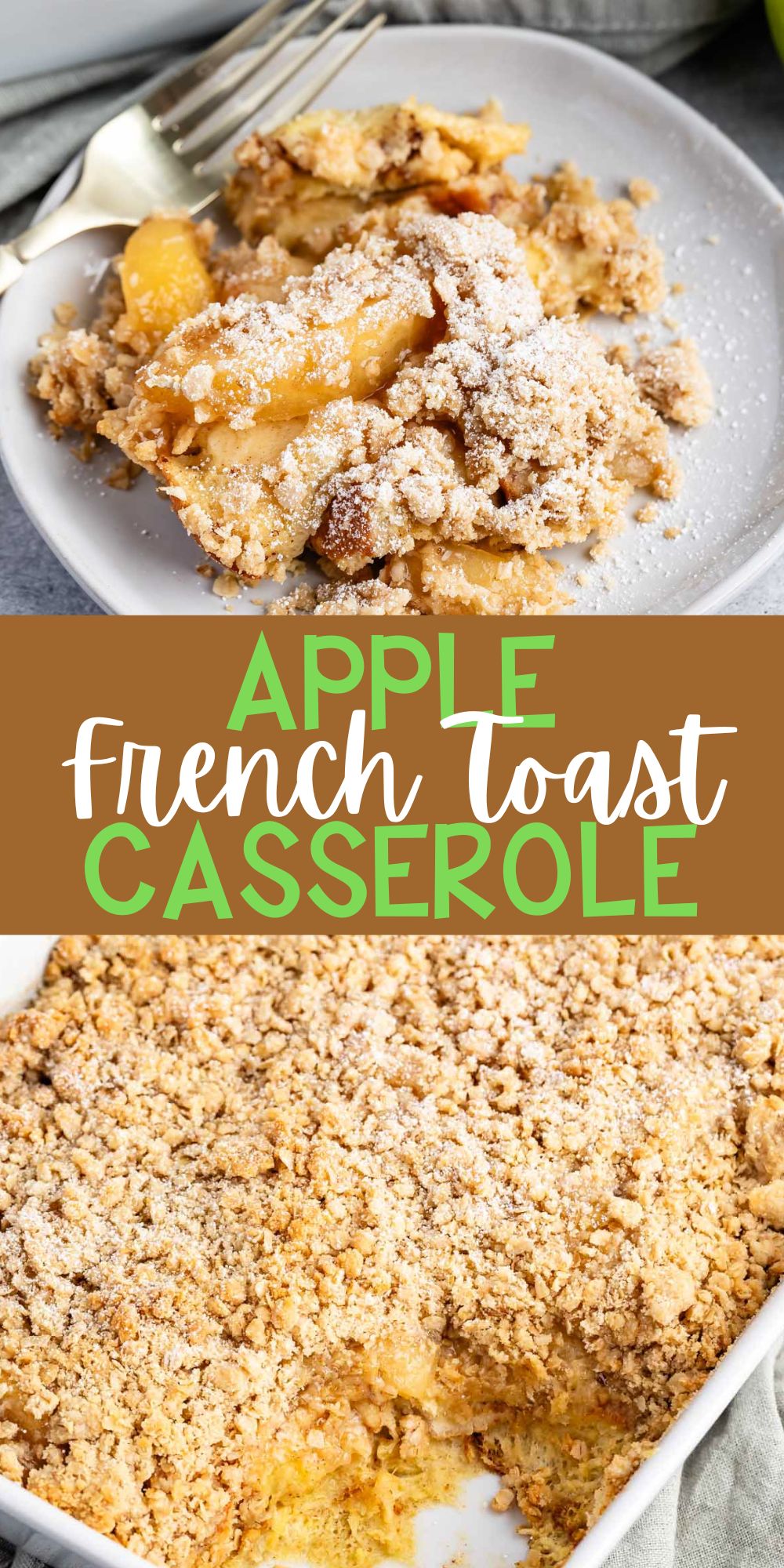 two photos of apple pie casserole on a grey plate with a crumble on top and with words on the image.