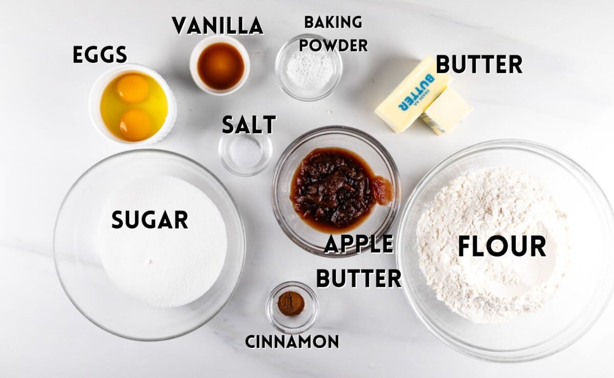 ingredients in apple butter snickerdoodles laid out on a white counter.