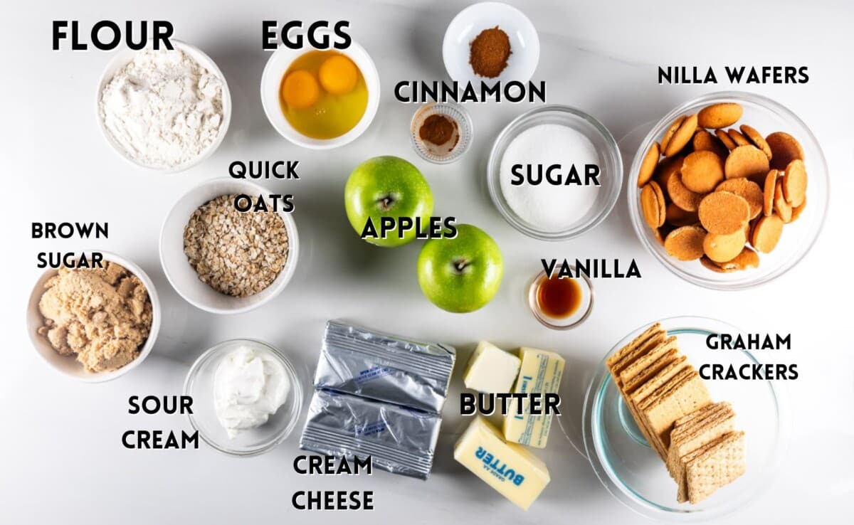 ingredients in apple cheesecake bars laid out on a white counter.