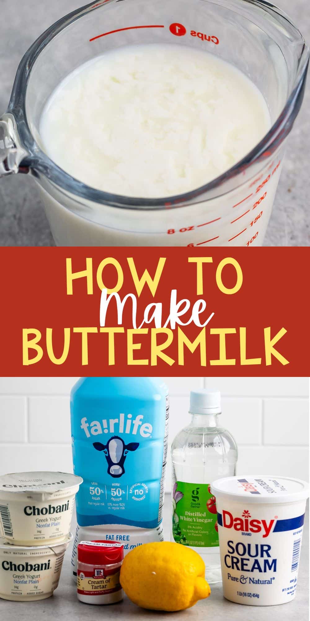 two photos of ingredients in buttermilk sitting on a grey counter with a glass measuring cup filled with buttermilk.