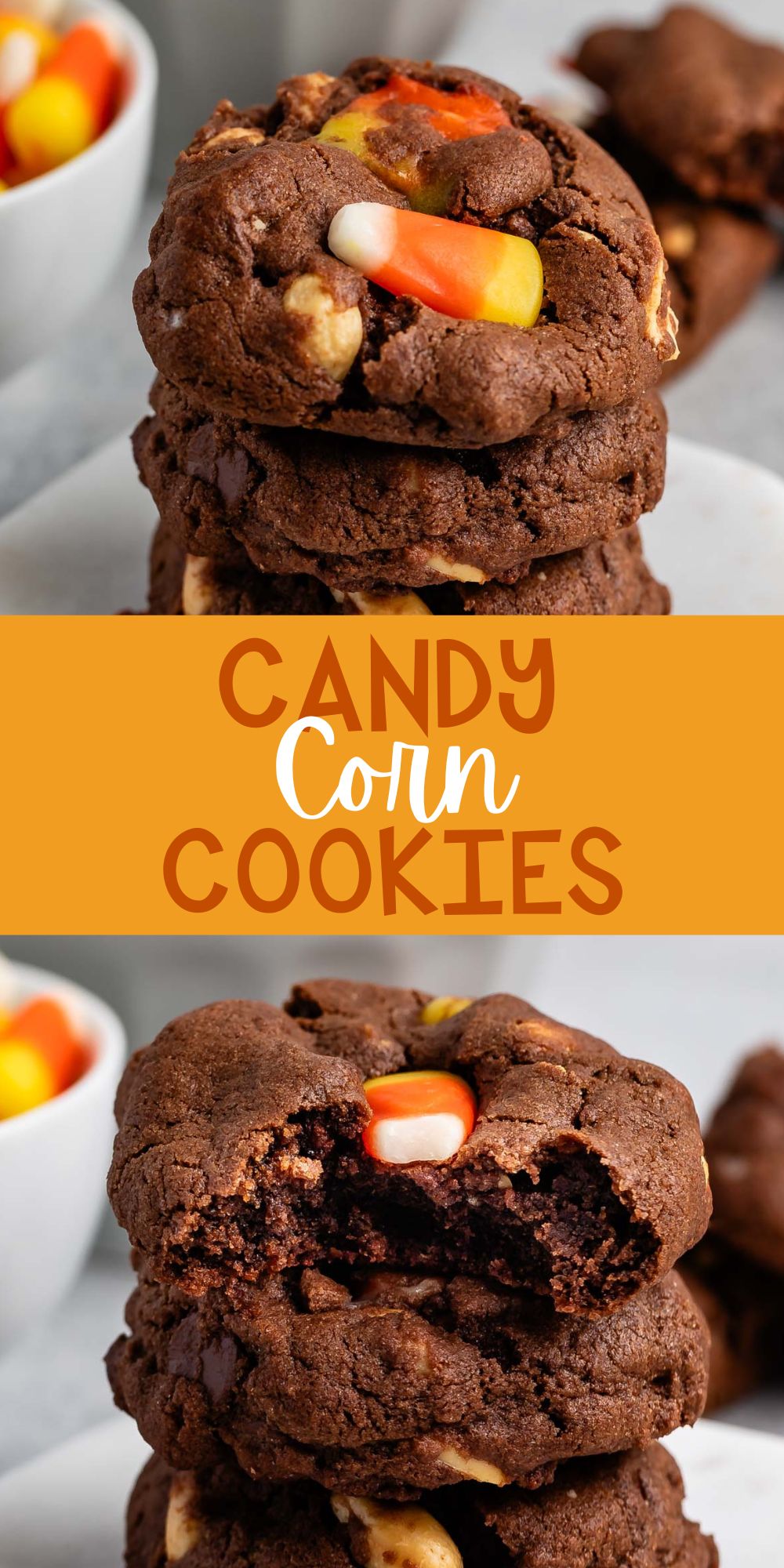 two photos of stacked cookies with candy corn baked in with words on the image.