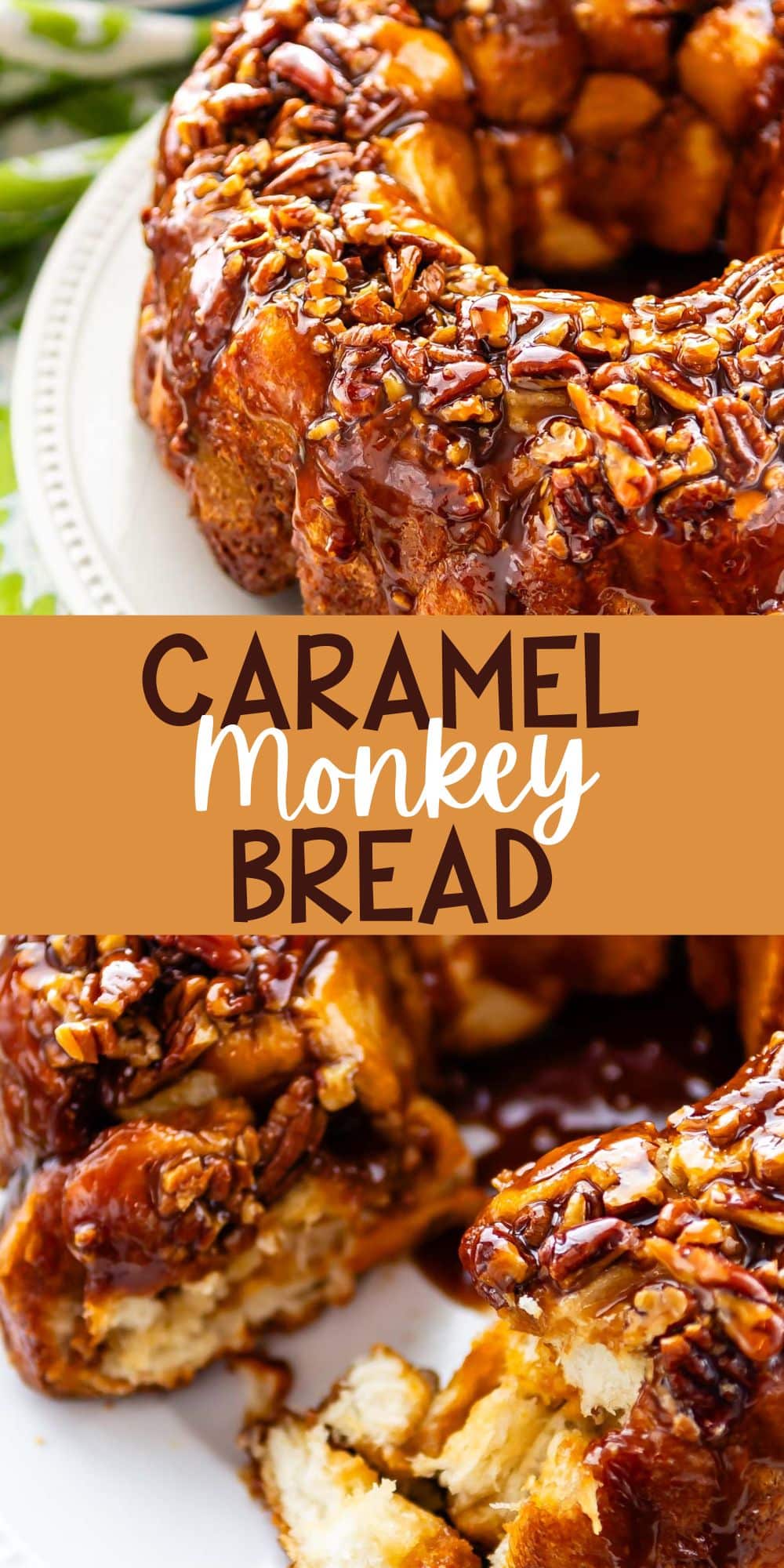 two photos of monkey bread on a white plate covered in nuts with words on the image.