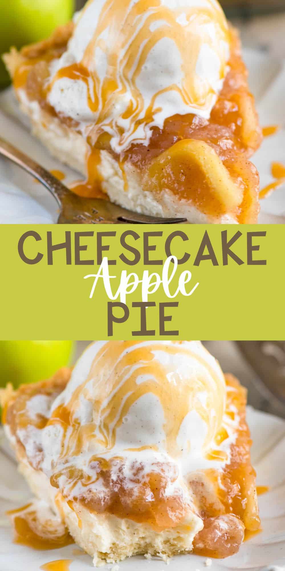 two photos of slice of pie with apple and ice cream on top with words on the image.