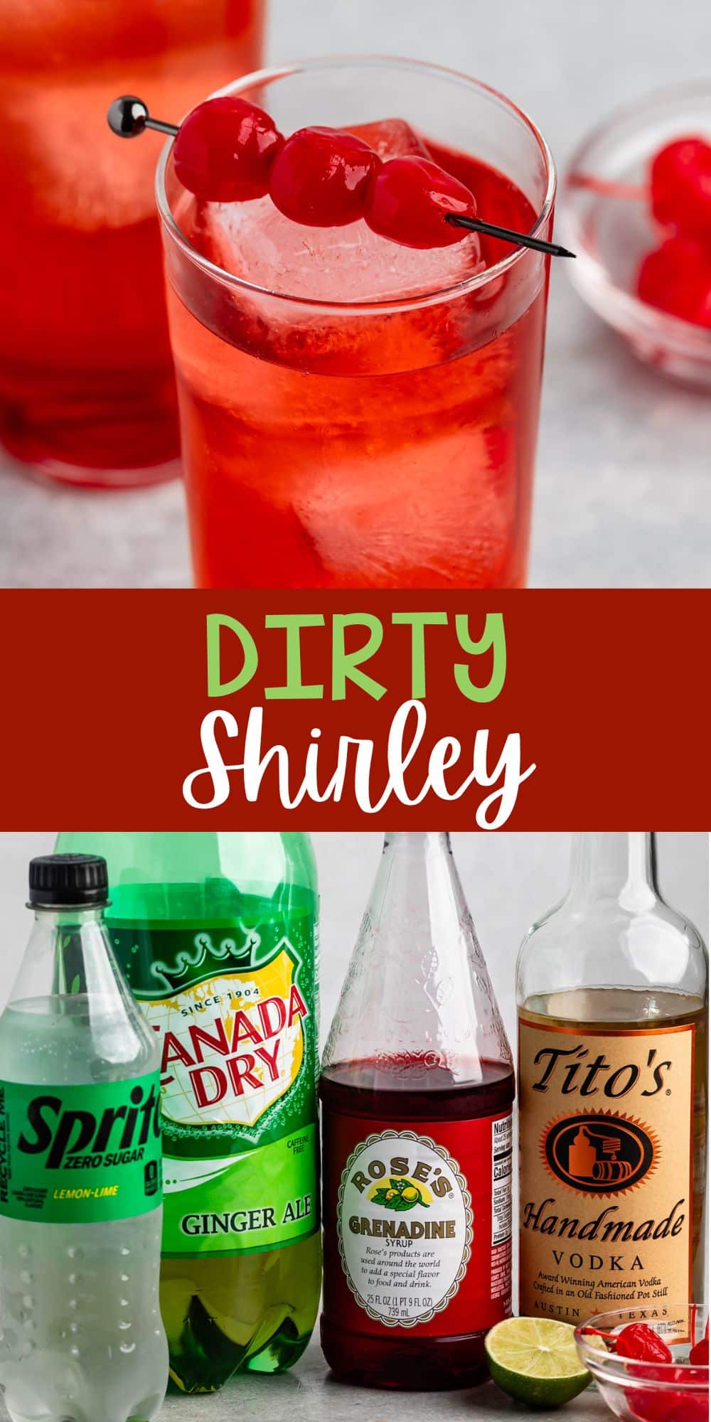 two photos of shirley temple in a tall clear glass with cherries along the top with words on the image.