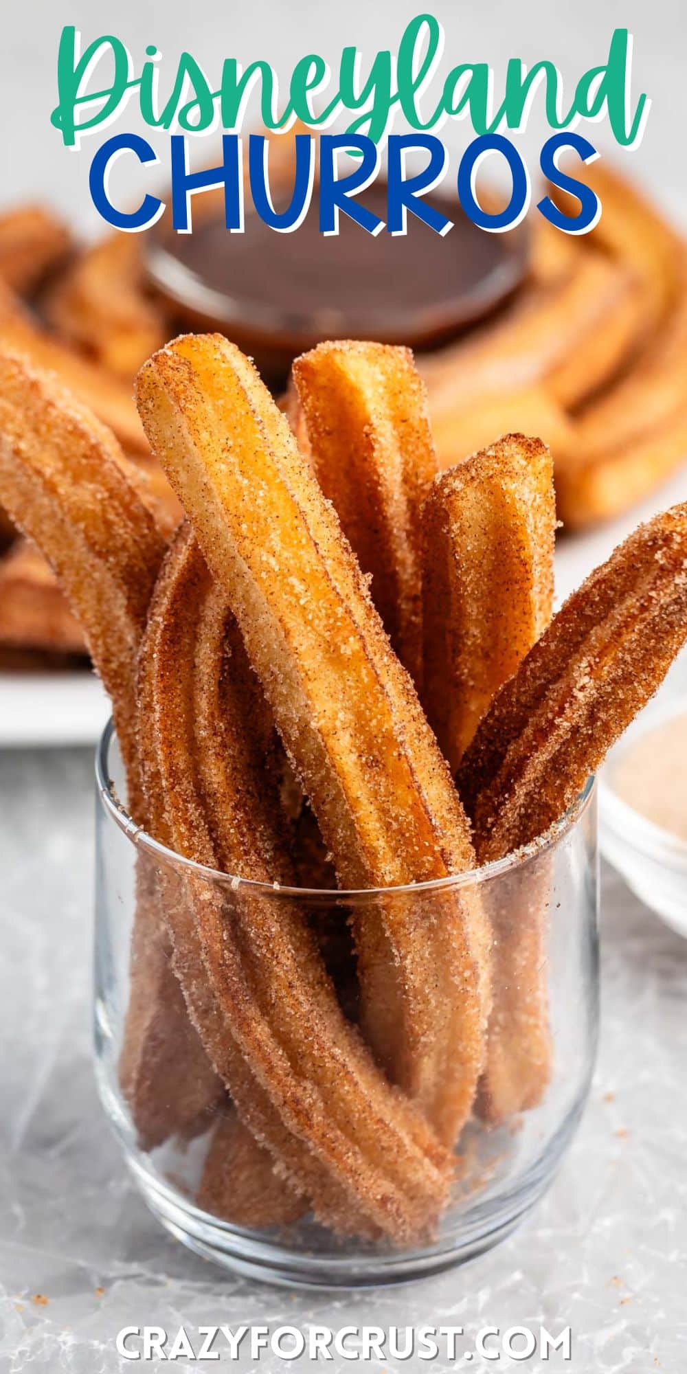 churros placed together in a clear bowl with words on the image.