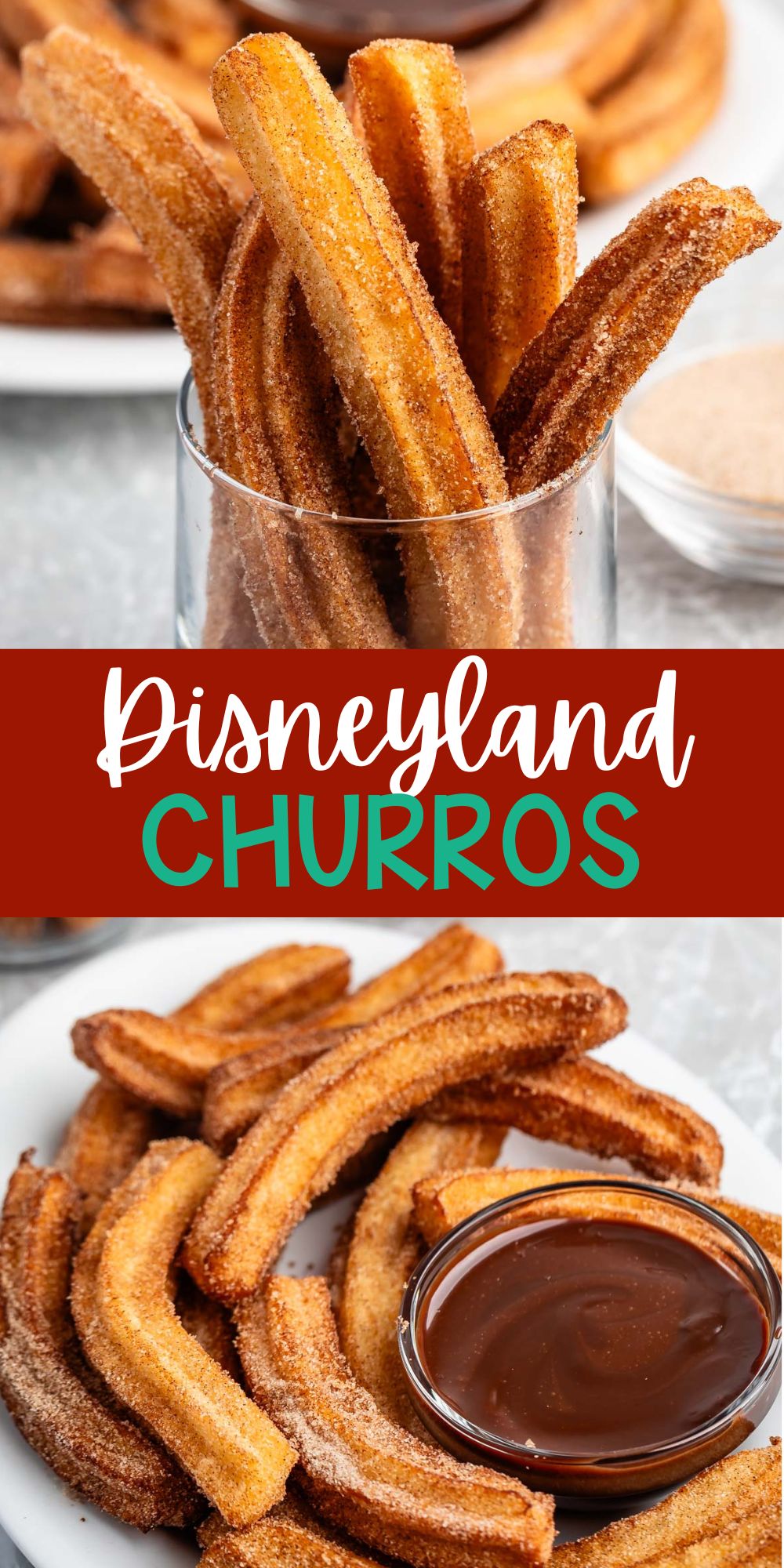 two photos of churros placed together in a clear glass and on a white plate with a chocolate sauce with words on the image.